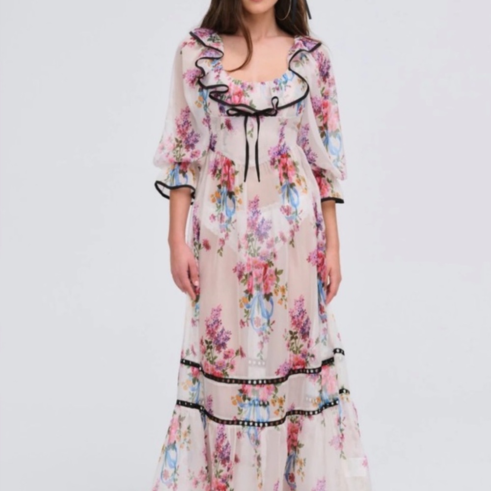 For Love And Lemons Floral Severine Maxi Dress - Pink and Cream